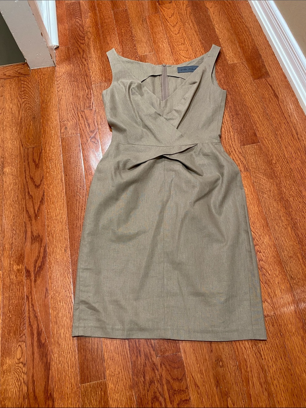 Greta Constantine Sleeveless Beige Sheath Linen Dress with Twist Front